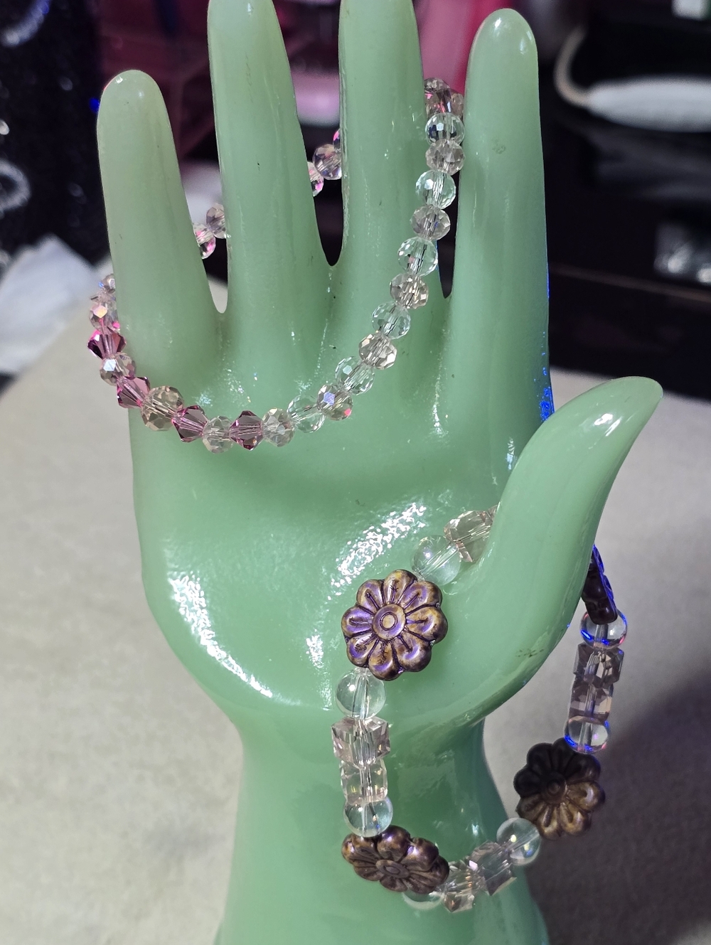 Purple & Gold Floral Stretch Bracelet Set Of 2 with Pink & Clear Crystal Accents